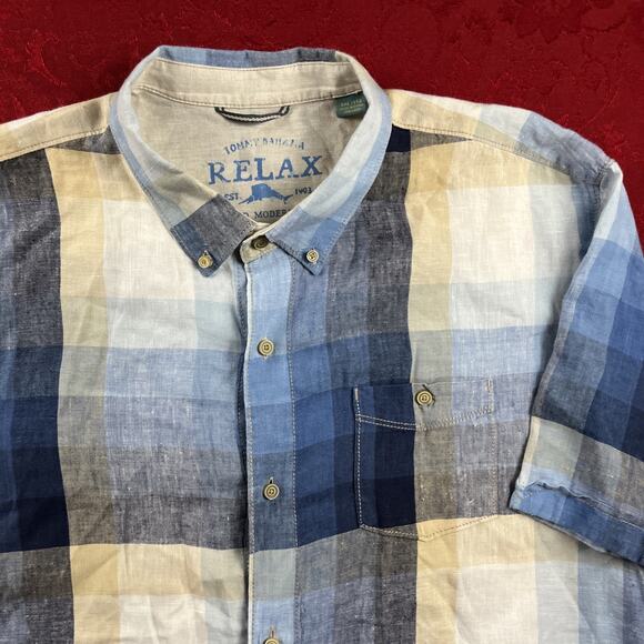 Tommy Bahama Shirt‎ Mens XXL 100% Linen Lightweight Blue Check Plaid Beach Relax - Picture 1 of 8